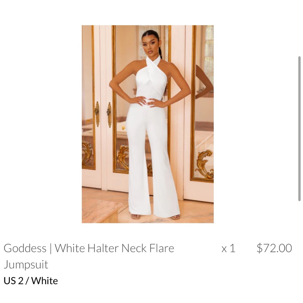 WHITE HALTER NECK FLARE JUMPSUIT - Picture 1 of 2